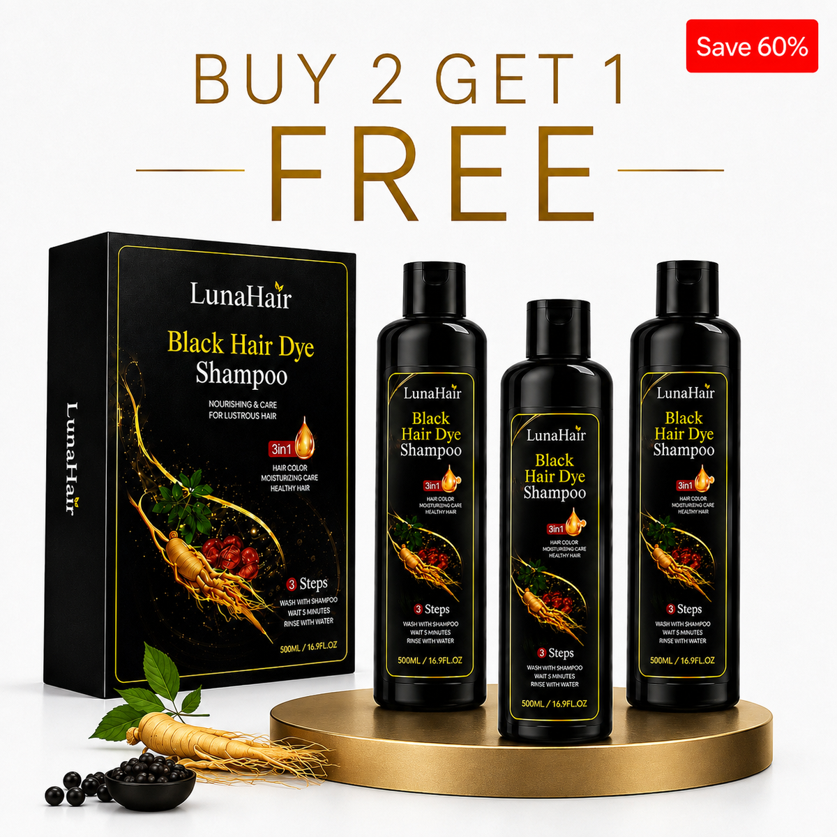 Luna Hair Instant Dye Shampoo, Buy 2 Get 1 FREE
